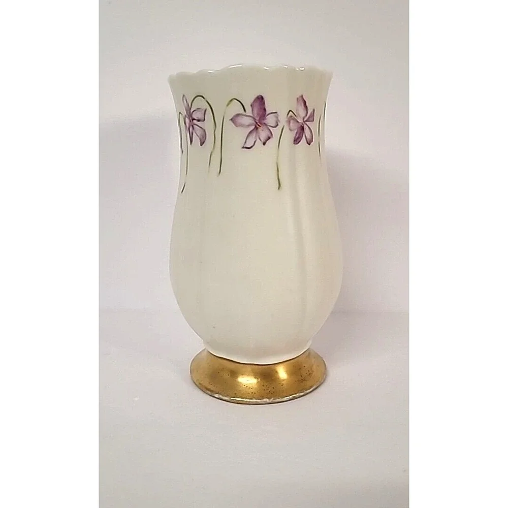 Limoges France Hand Painted Violets Vase w/Gold Gild Base & Scalloped Top Signed